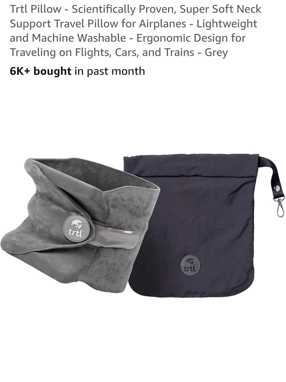 trtl Grey Ergonomic Travel Neck Pillow with Carry Pouch